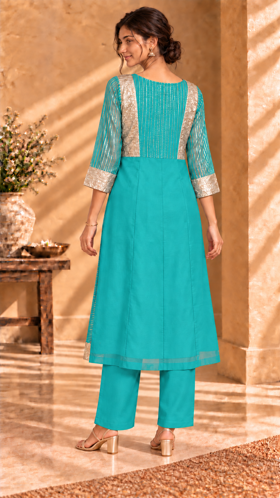 Aarvi turquoise pure silk tissue kurta and cotton pants - back view