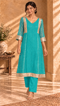 Aarvi turquoise pure silk tissue kurta and cotton pants - front view