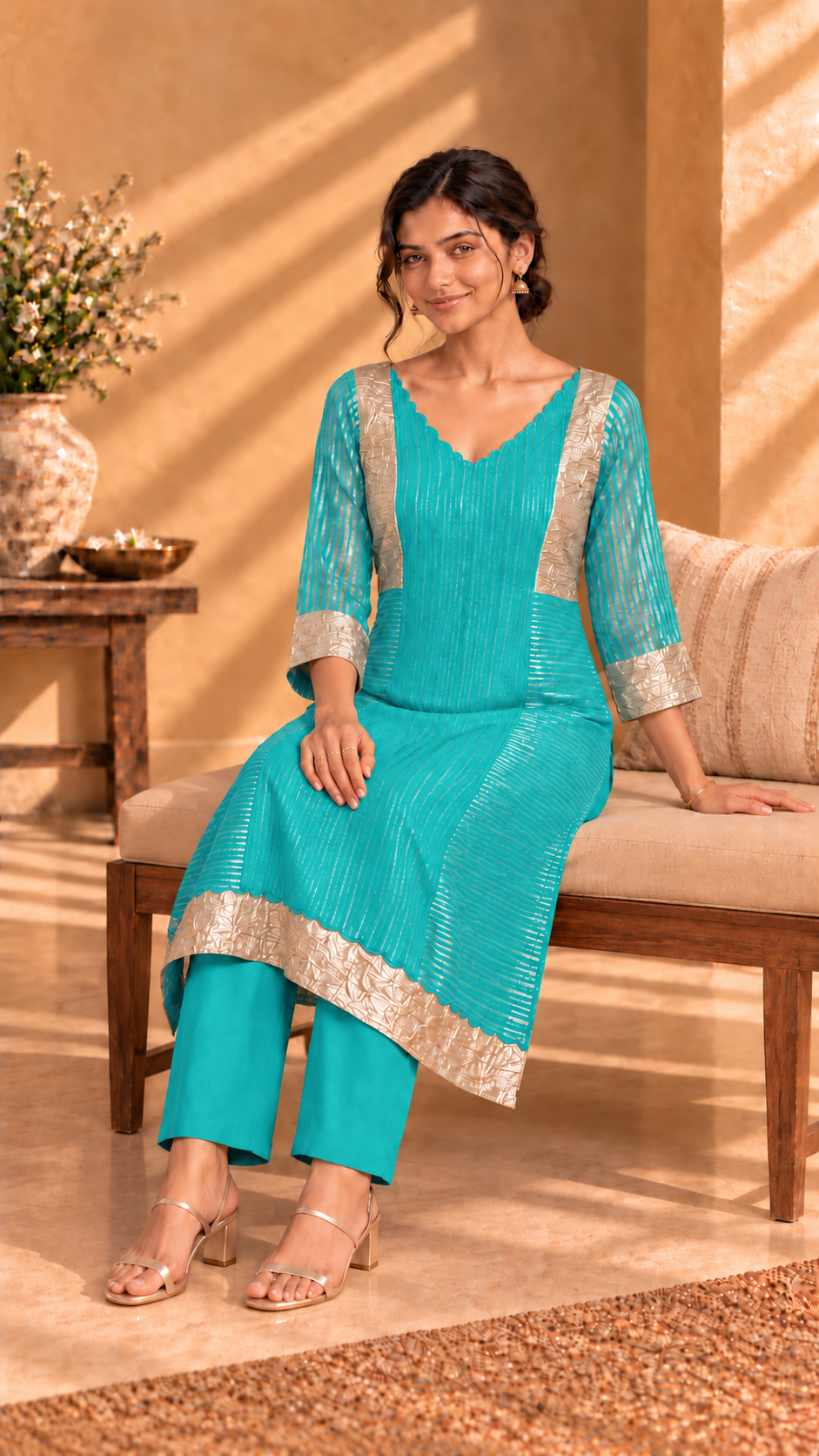 Aarvi turquoise pure silk tissue kurta and cotton pants - seated view