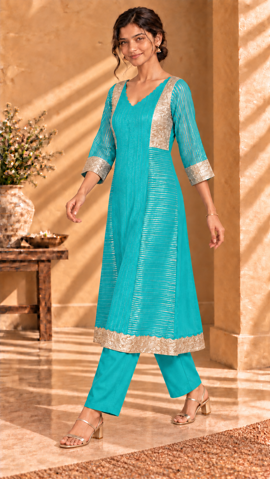 Aarvi turquoise pure silk tissue kurta and cotton pants - walking view