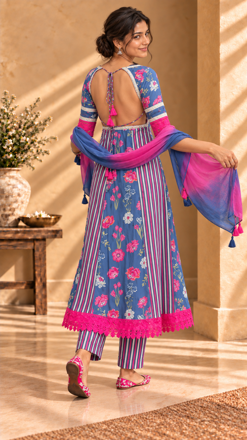 Aarzoo blue and pink cotton silk three-piece set - back view