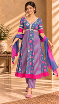 Aarzoo blue and pink cotton silk three-piece set - front view