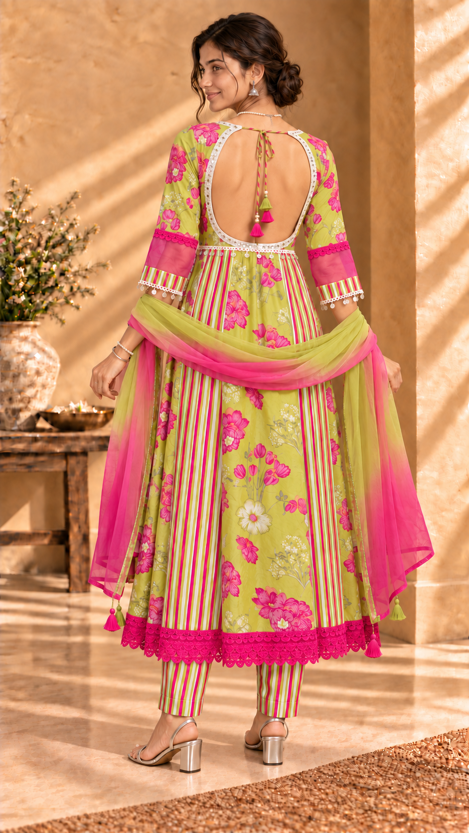 Aarzoo lime green and pink cotton silk three-piece set - back view