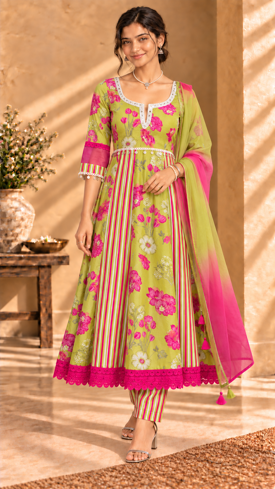 Aarzoo lime green and pink cotton silk three-piece set - front view