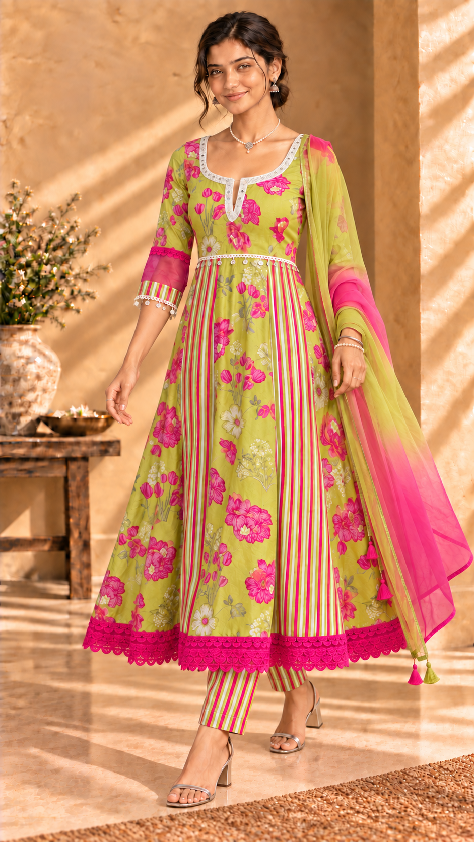 Aarzoo lime green and pink cotton silk three-piece set - full-length front view