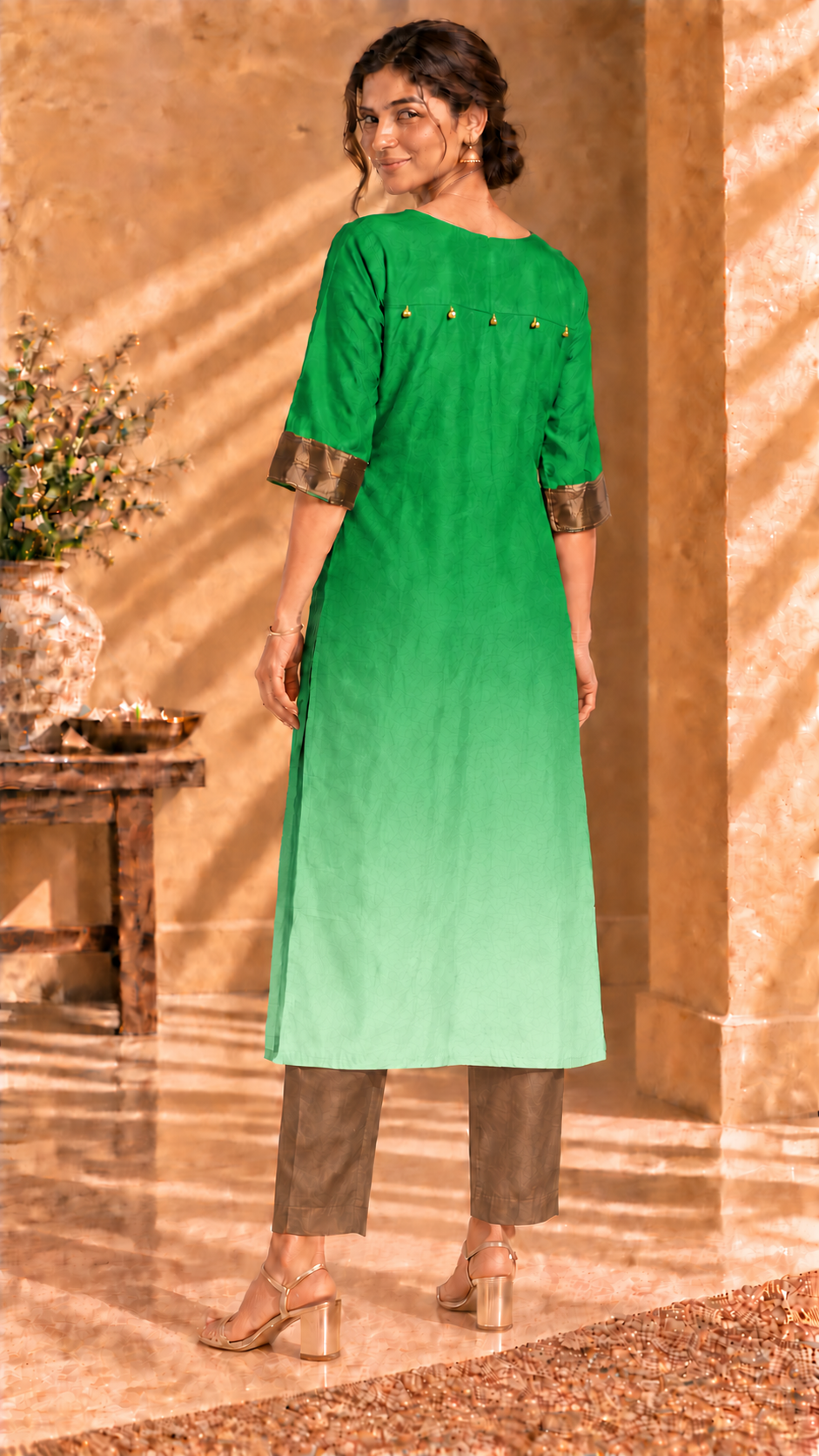 Aira green ombré pure Habutai silk kurta with gold trim - back view