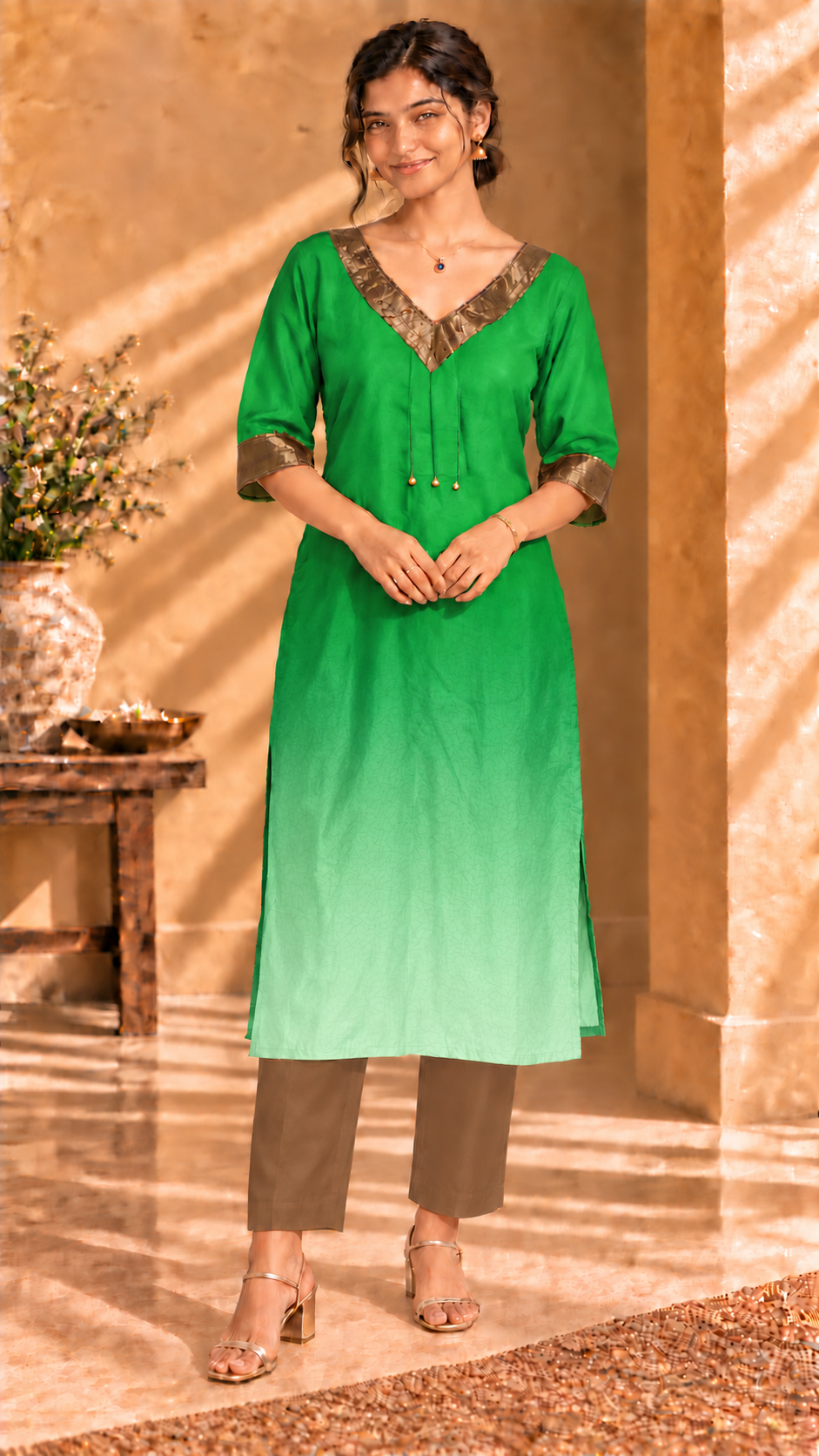 Aira green ombré pure Habutai silk kurta with gold trim - standing front view
