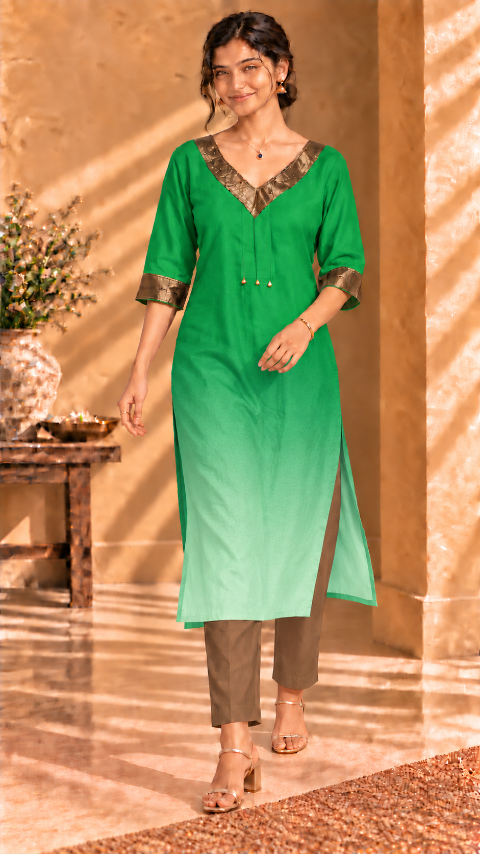Aira green ombré pure Habutai silk kurta with gold trim - full-length front view