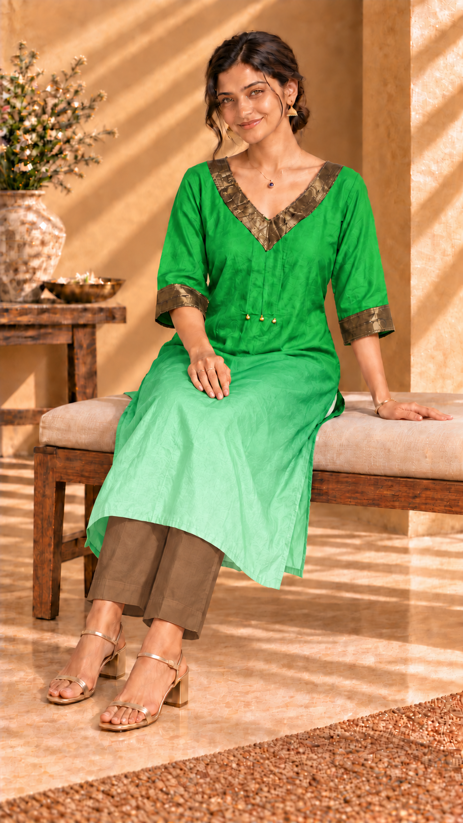 Aira green ombré pure Habutai silk kurta with gold trim - seated portrait