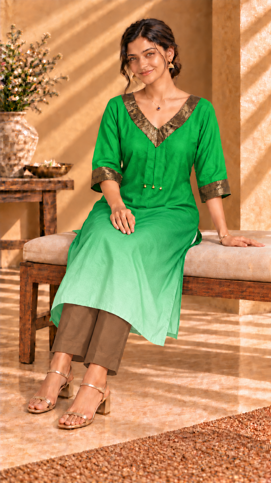 Aira green ombré pure Habutai silk kurta with gold trim - seated view