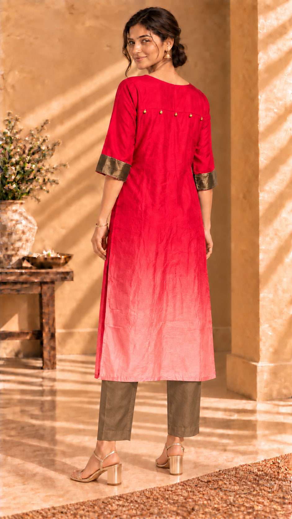 Aira red ombré pure Habutai silk kurta with gold trim - back view