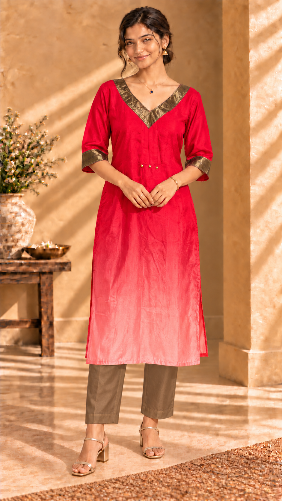 Aira red ombré pure Habutai silk kurta with gold trim - front view