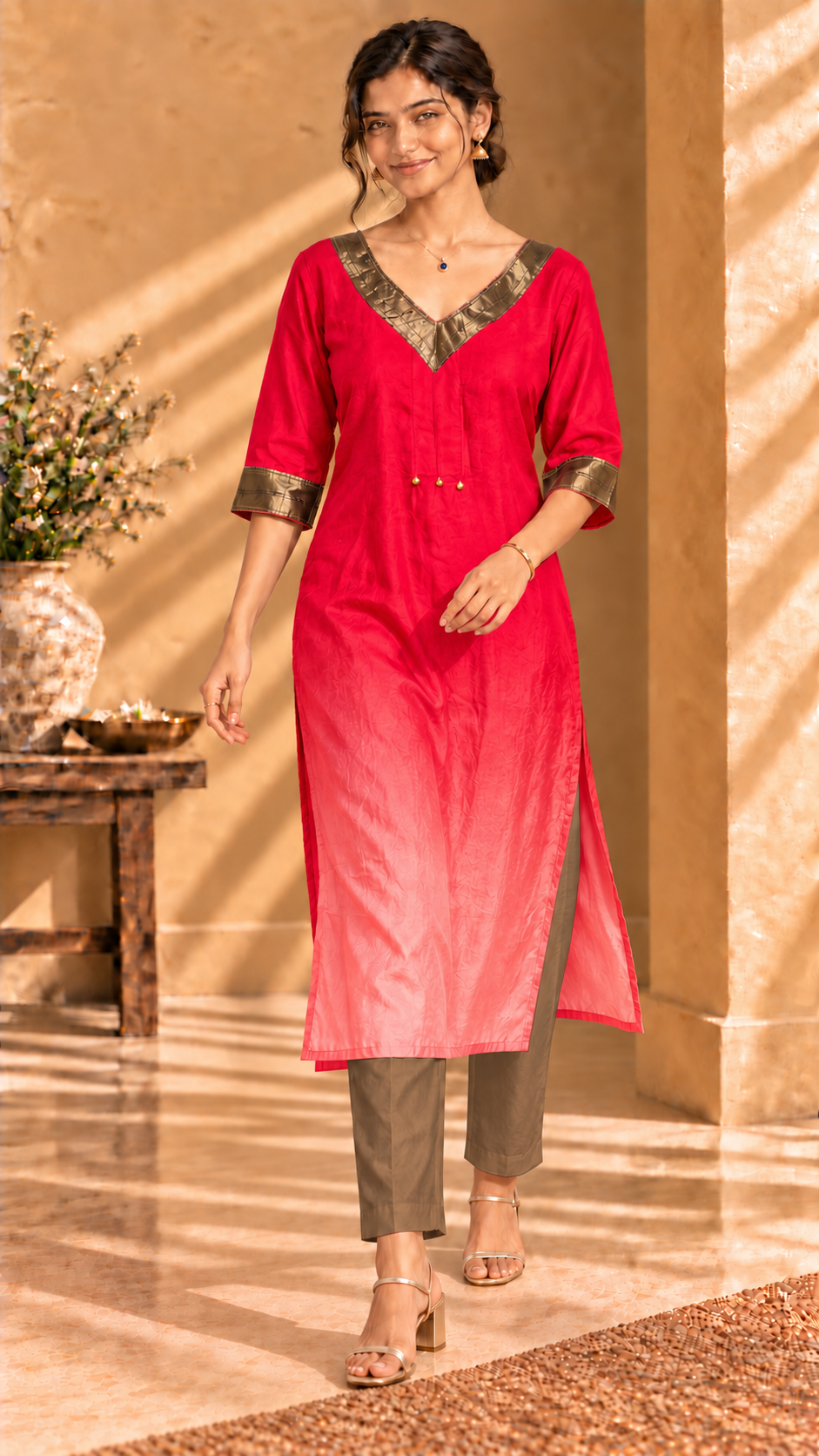 Aira red ombré pure Habutai silk kurta with gold trim - full-length front view