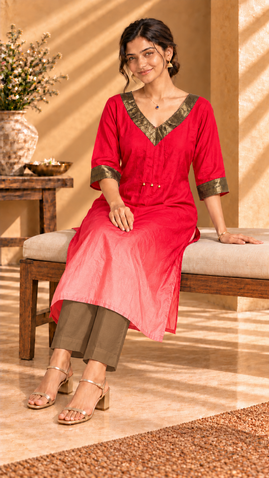 Aira red ombré pure Habutai silk kurta with gold trim - seated view