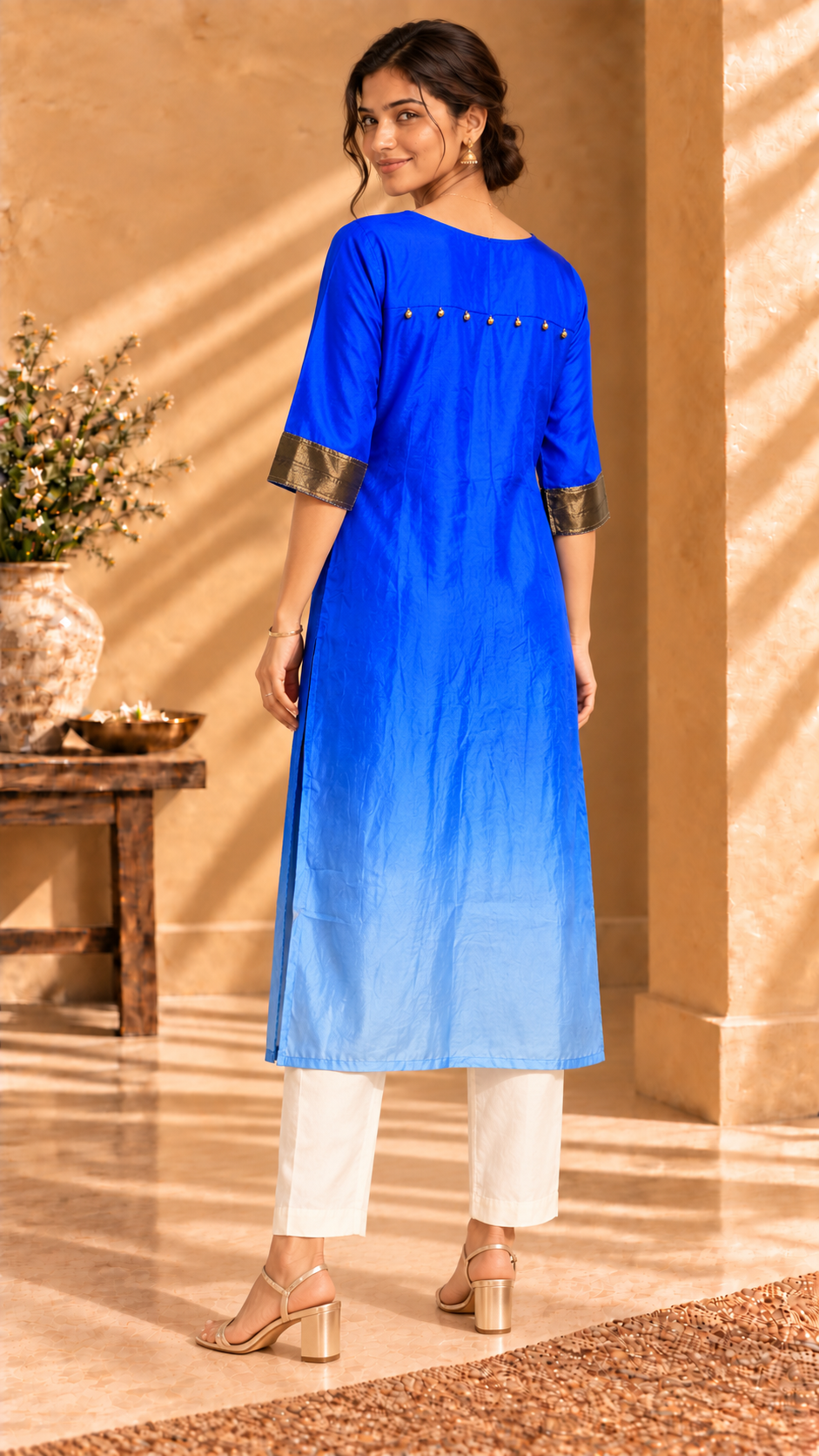 Aira royal blue ombré pure Habutai silk kurta with gold trim - back view