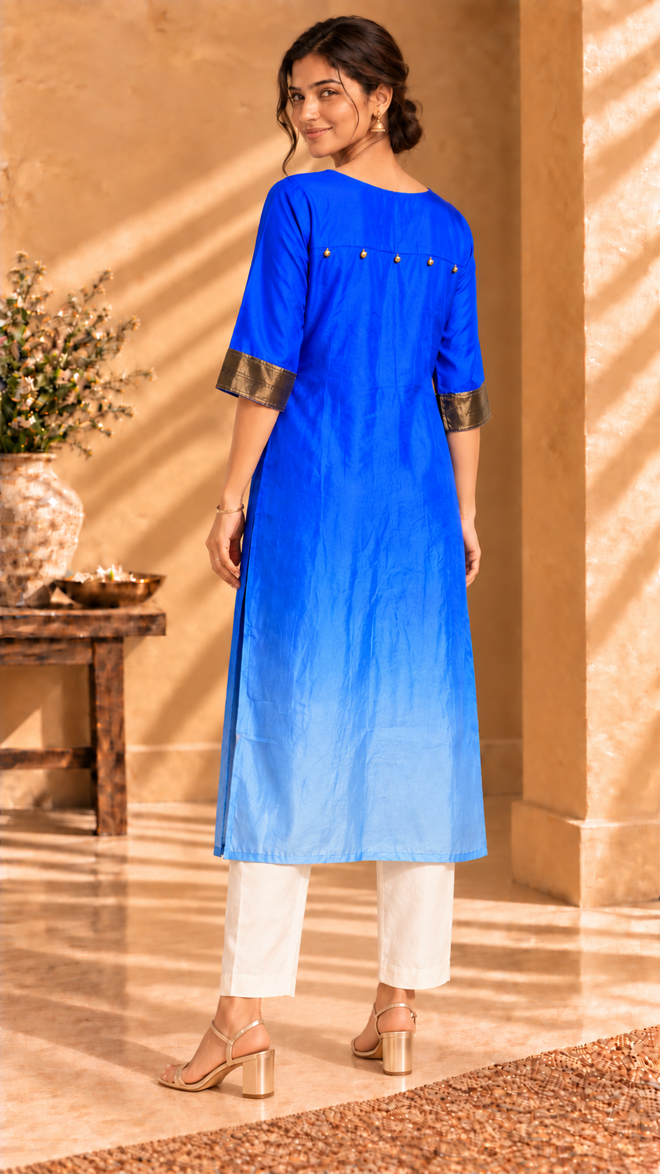Aira royal blue ombré pure Habutai silk kurta with gold bell back detail