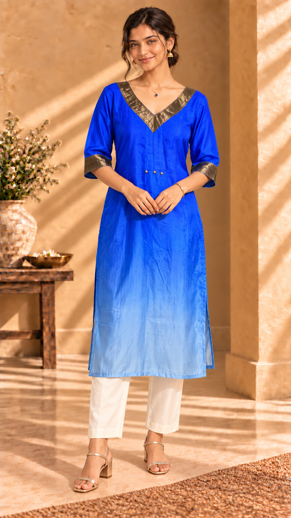 Aira royal blue ombré pure Habutai silk kurta with gold trim - front view