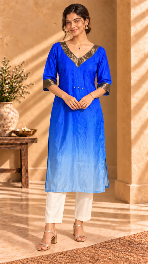 Aira royal blue ombré pure Habutai silk kurta with gold trim - front view
