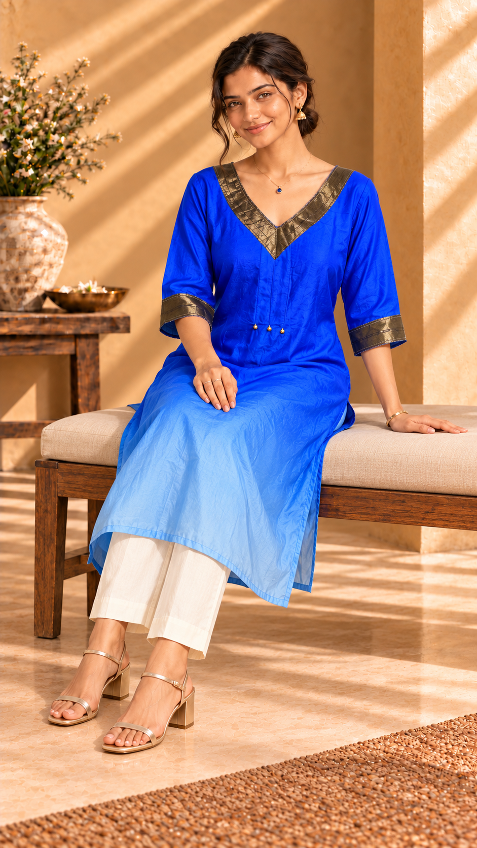 Aira royal blue ombré pure Habutai silk kurta with gold trim - seated view