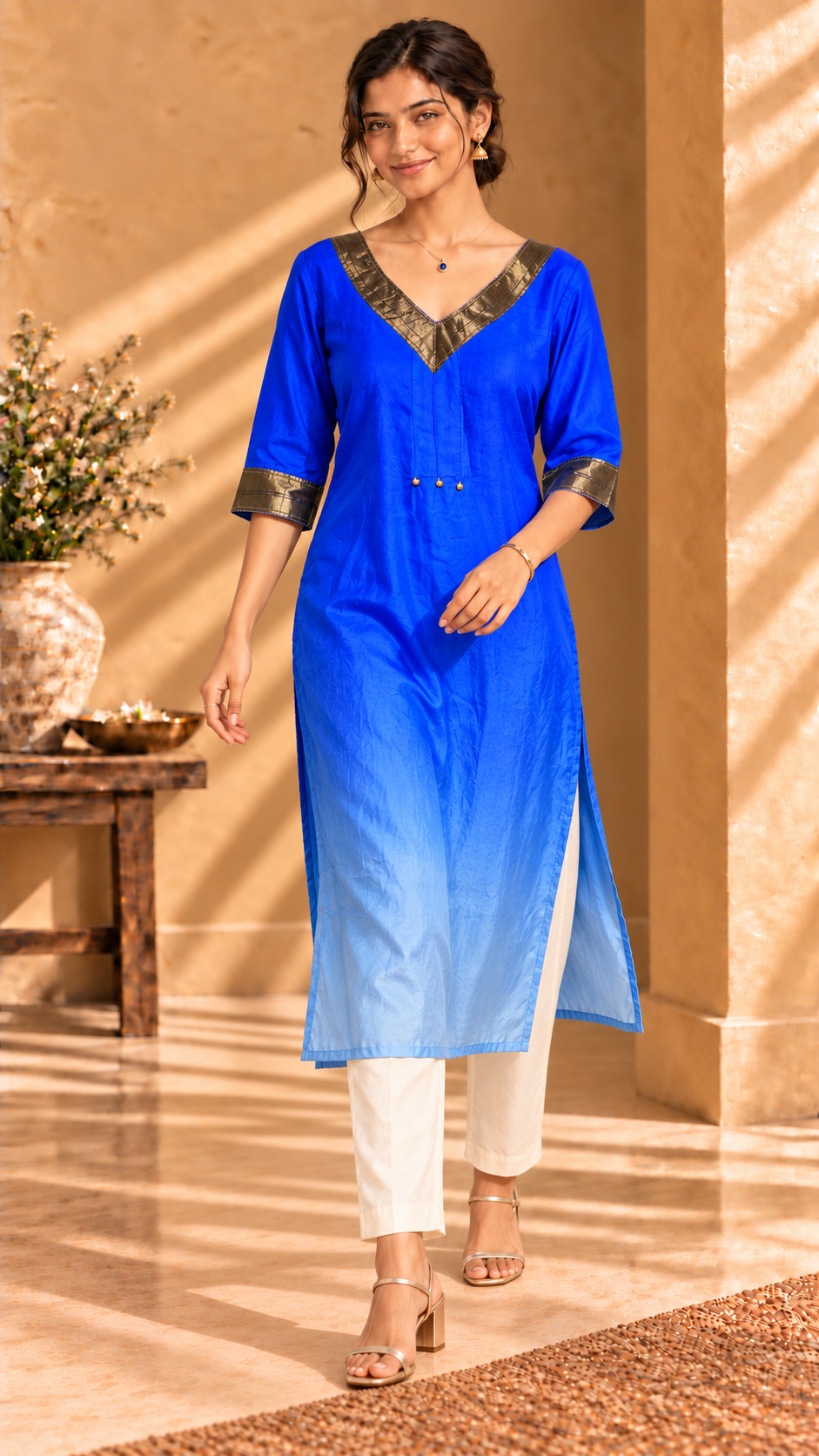 Aira royal blue ombré pure Habutai silk kurta with gold trim - walking view