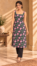 Baagh black floral cotton long kurti - front view
