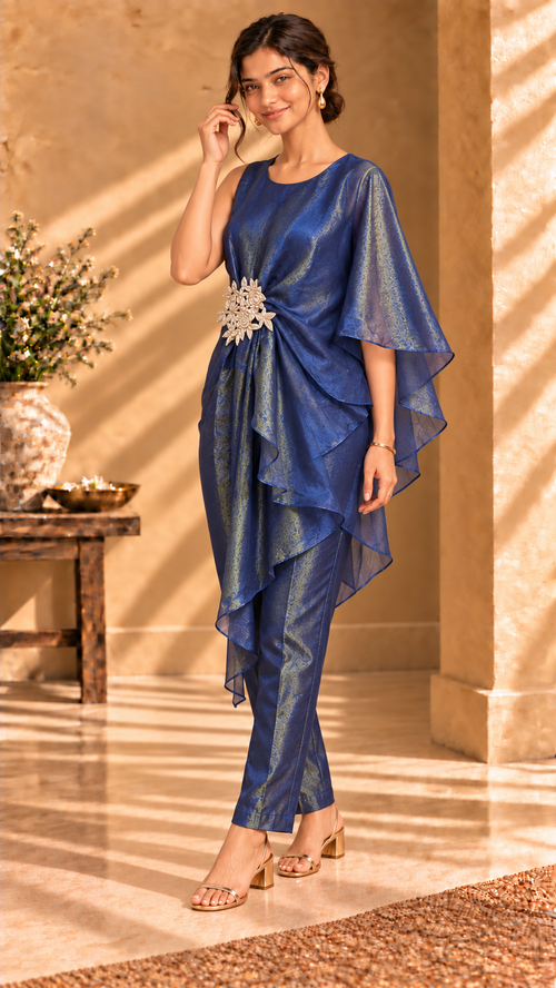 Elara blue shimmer tissue asymmetric three-piece co-ord - standing front view