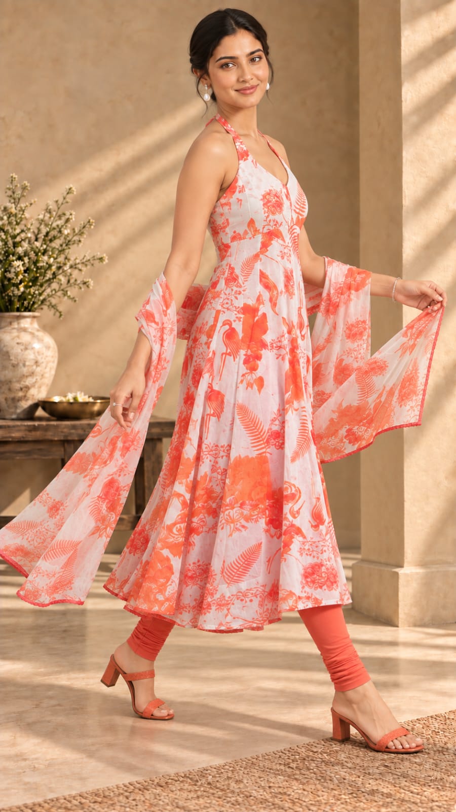 Gulnaar orange printed three-piece set - walking front view