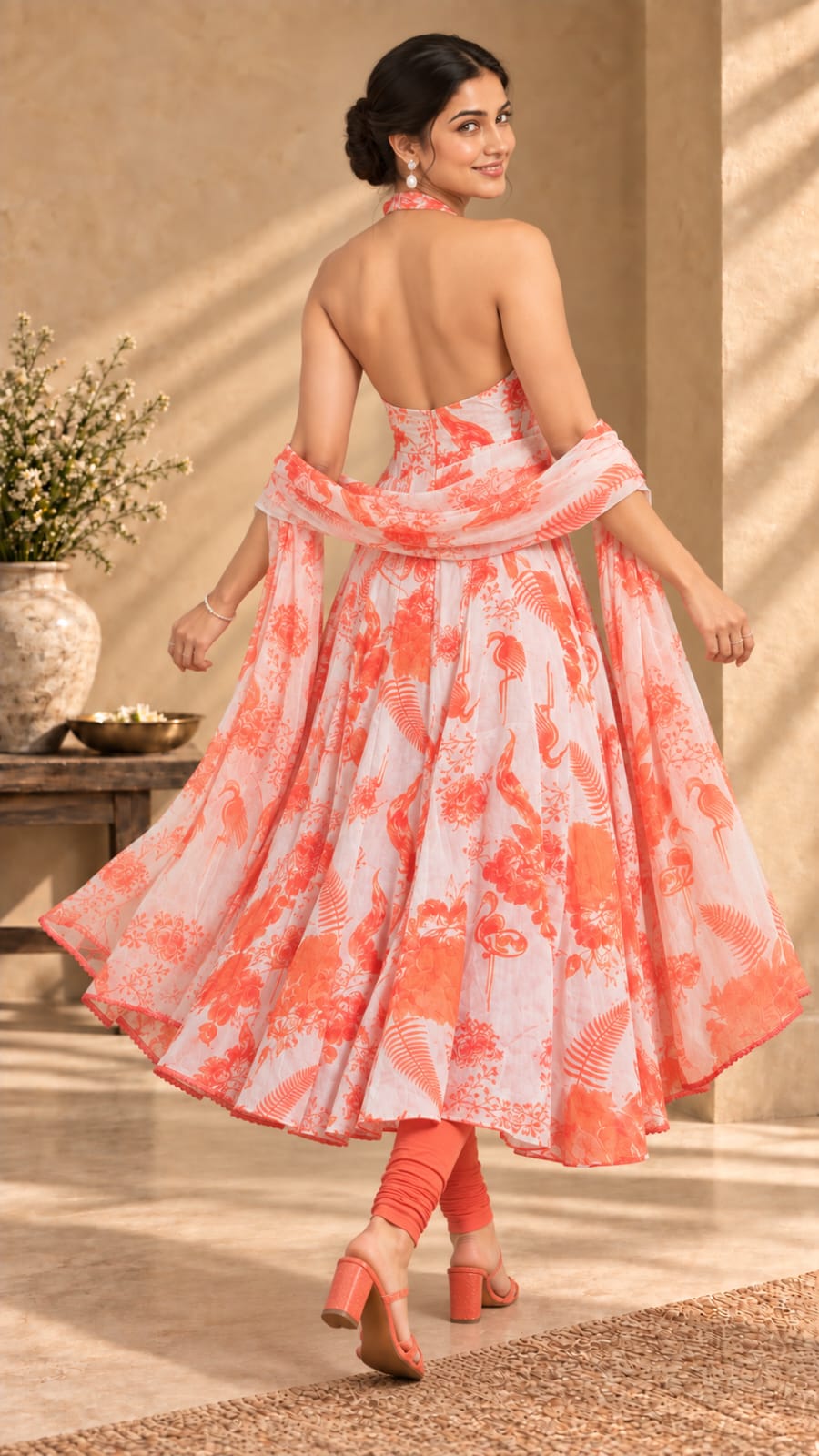 Gulnaar orange printed three-piece set - back view