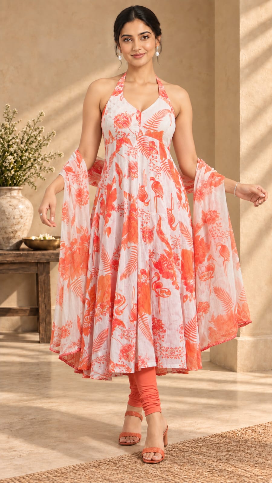 Gulnaar orange printed three-piece set - front view