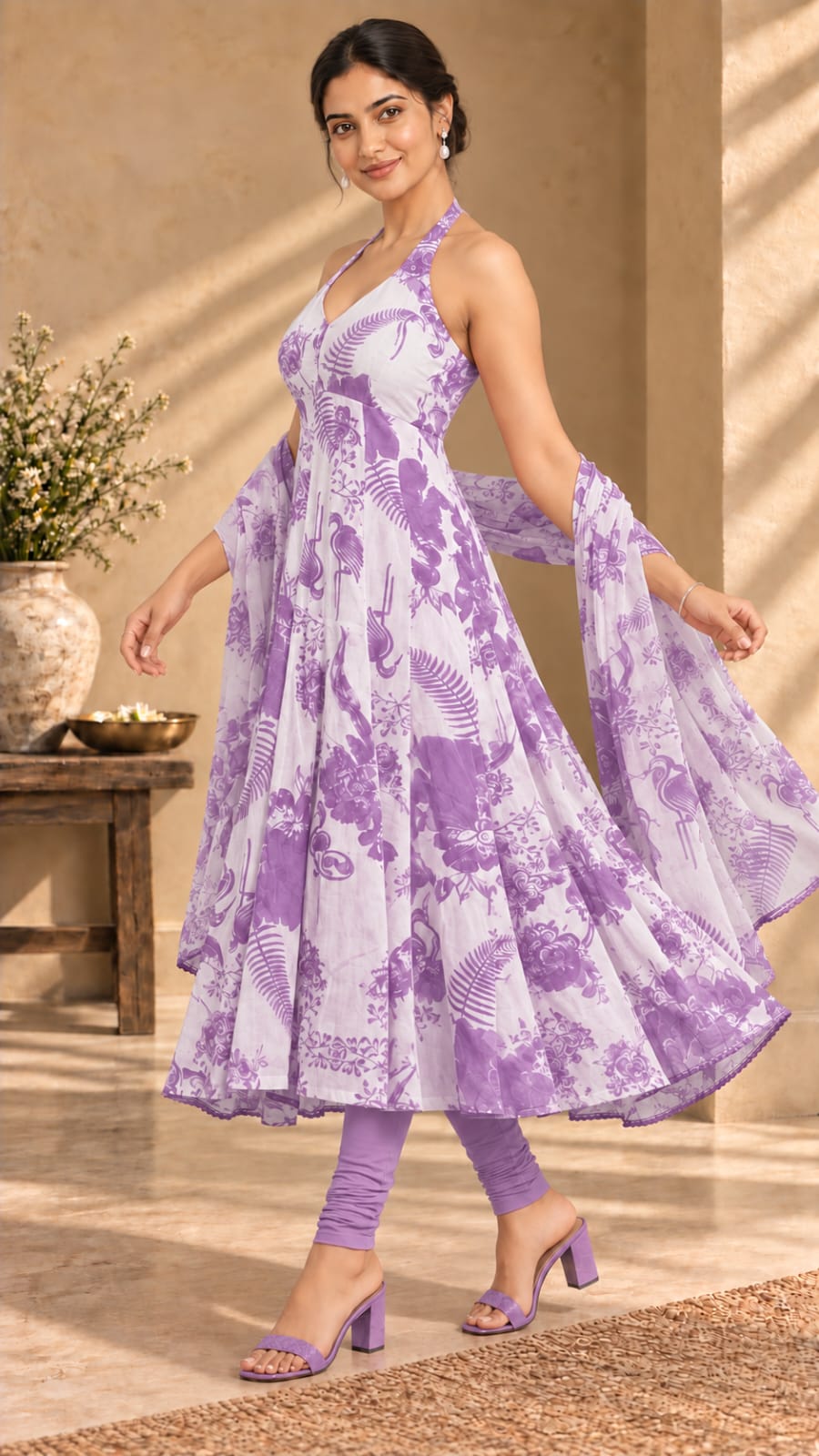 Gulnaar purple printed three-piece set - angled front view