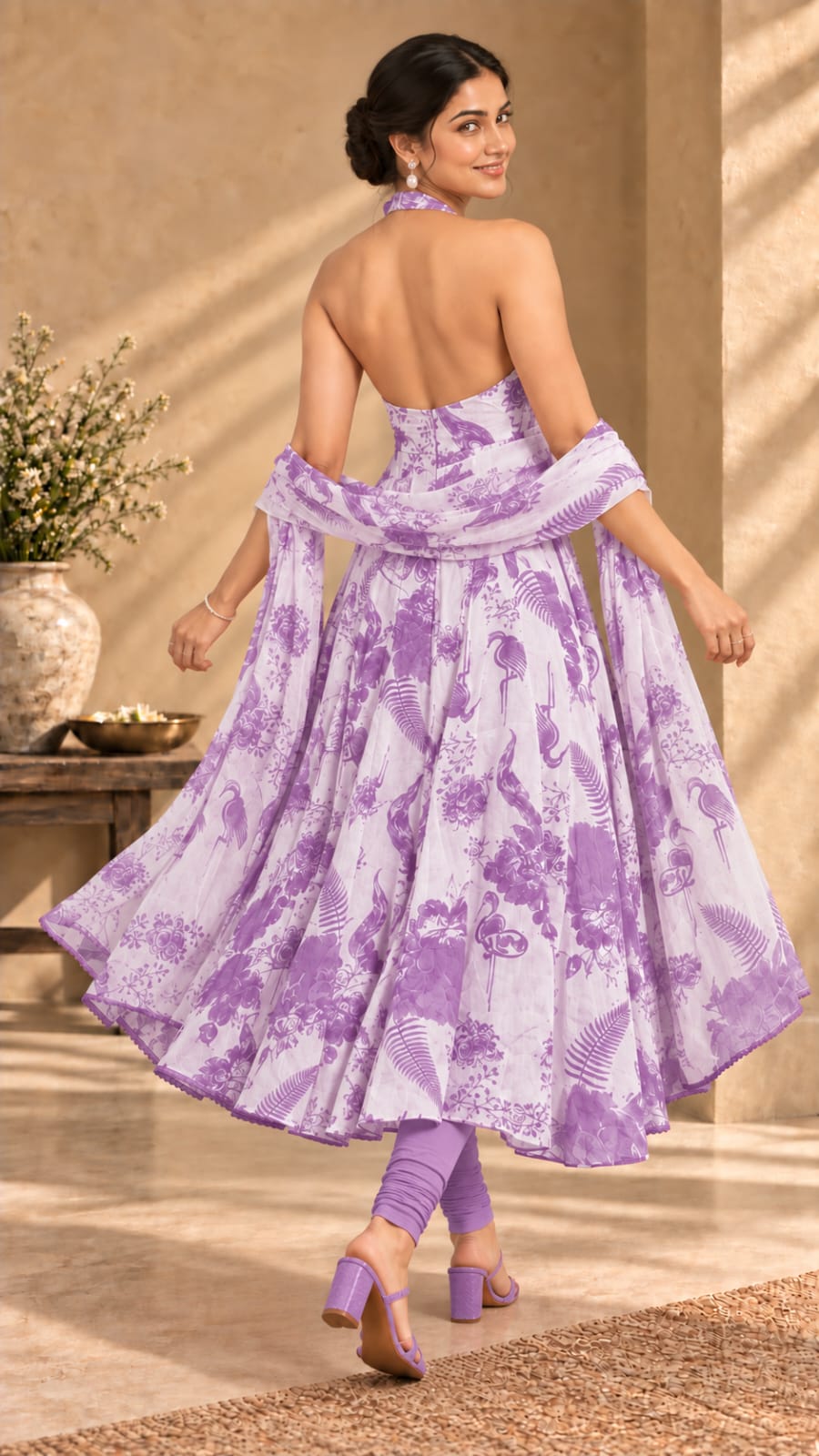 Gulnaar purple printed three-piece set - back view