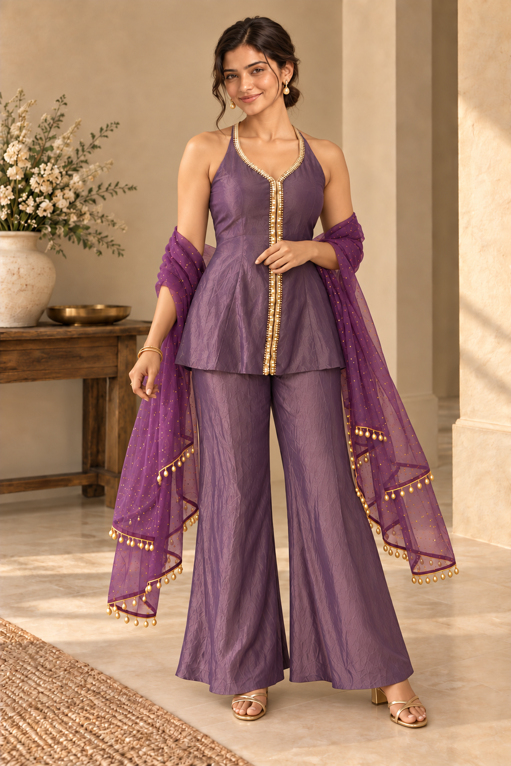 Jhanak purple tissue three-piece set with organza dupatta - front view