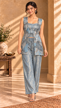 Mahira bluish-silver imported fabric three-piece set - front view