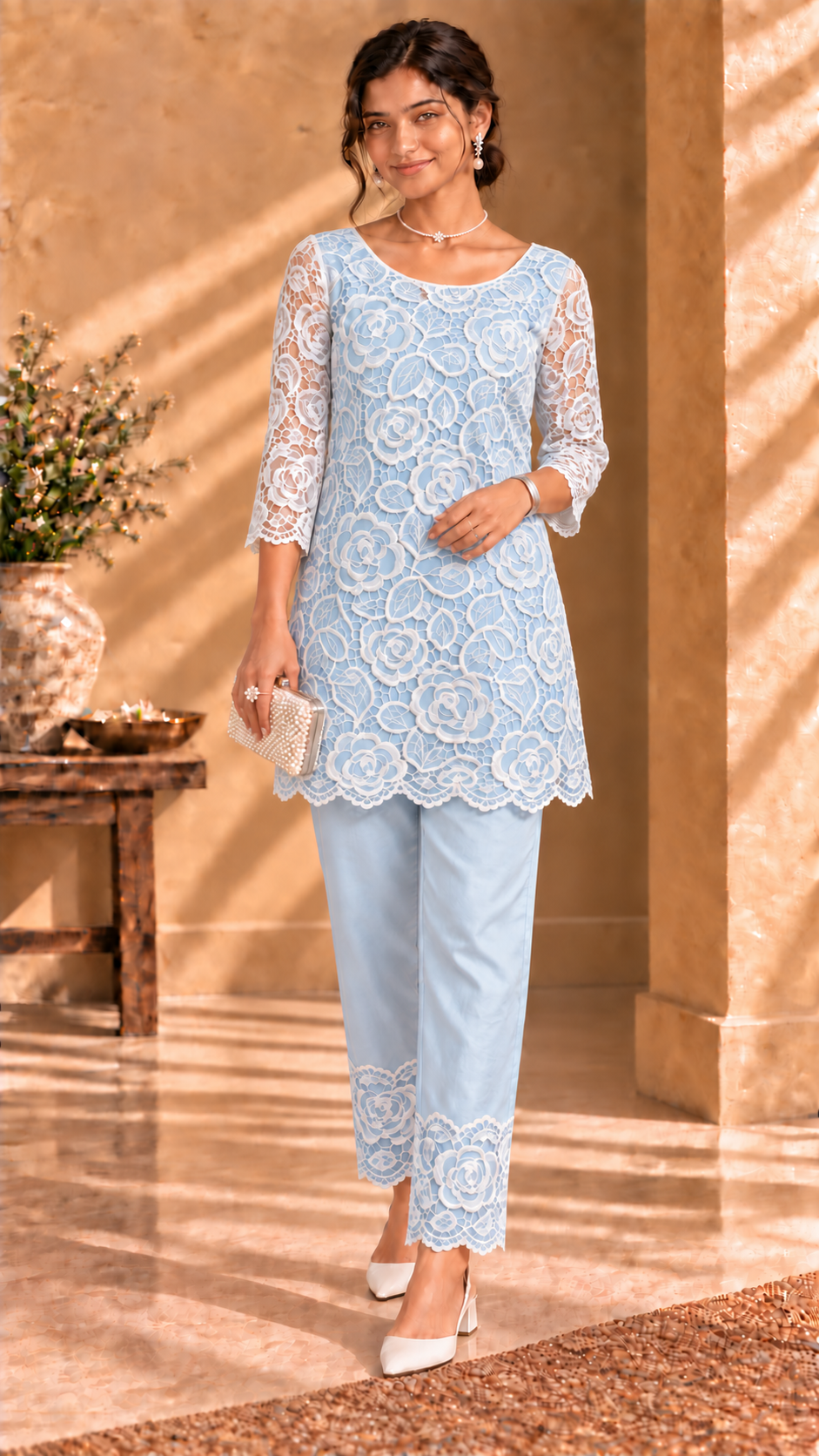 Meher powder blue imported organza cutwork two-piece set - front view