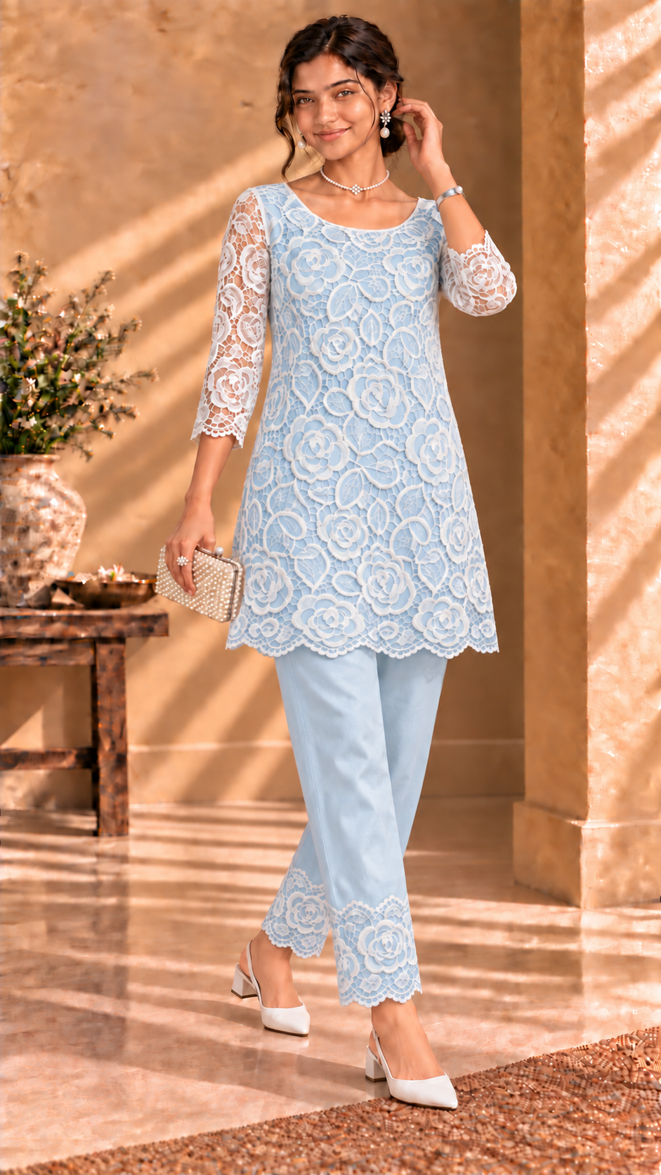 Meher powder blue imported organza cutwork two-piece set - standing view