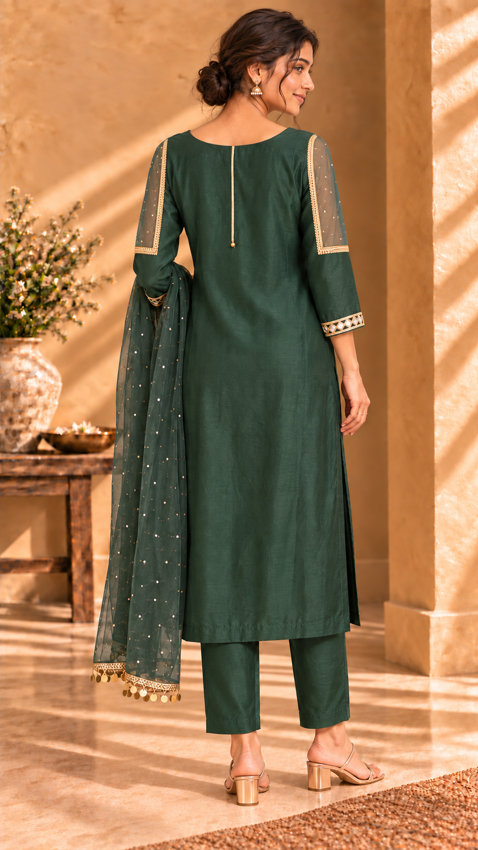 Mehfil green Chanderi three-piece set - back view