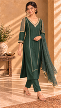 Mehfil green Chanderi three-piece set with mirror-work neckline - front view