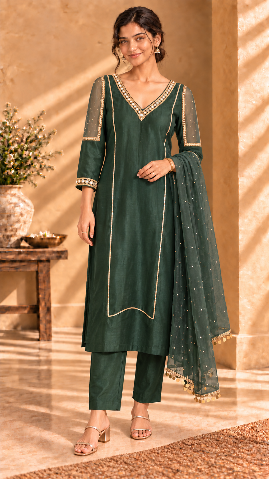 Mehfil green Chanderi three-piece set with mukesh dupatta - alternate front view