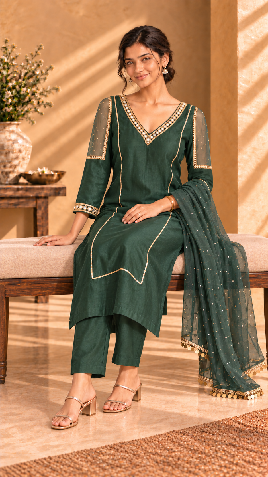 Mehfil green Chanderi three-piece set - seated view
