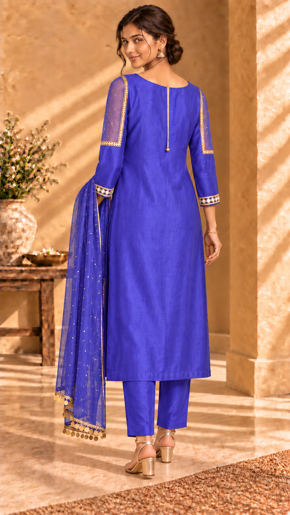 Mehfil purple Chanderi three-piece set - back view