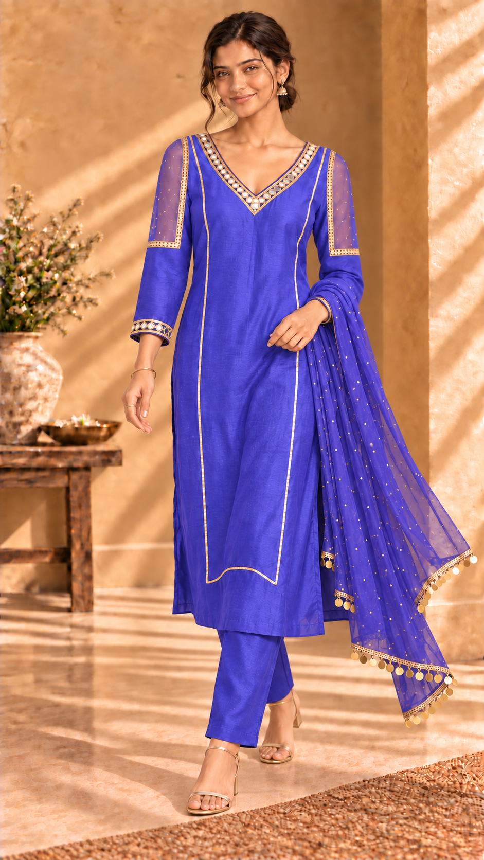 Mehfil purple Chanderi three-piece set with mirror-work neckline - front view