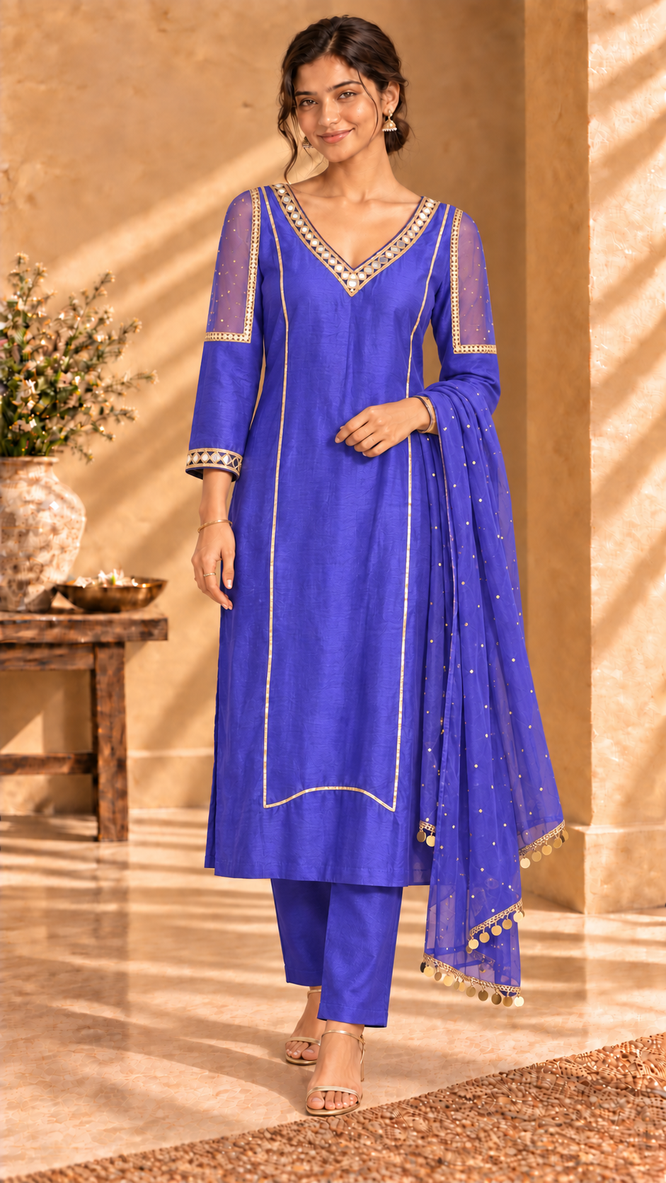Mehfil purple Chanderi three-piece set with mukesh dupatta - alternate front view
