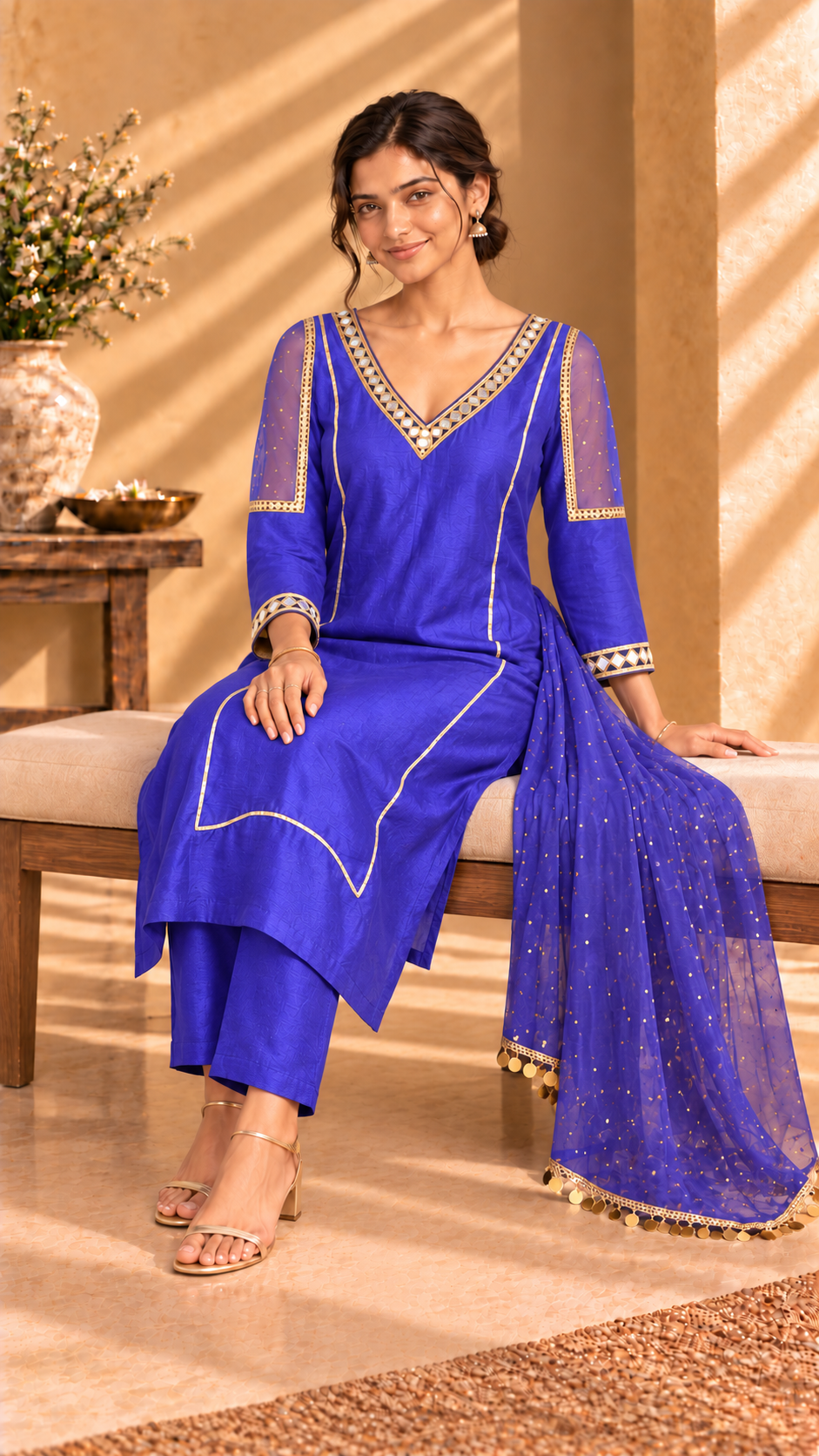 Mehfil purple Chanderi three-piece set - seated view