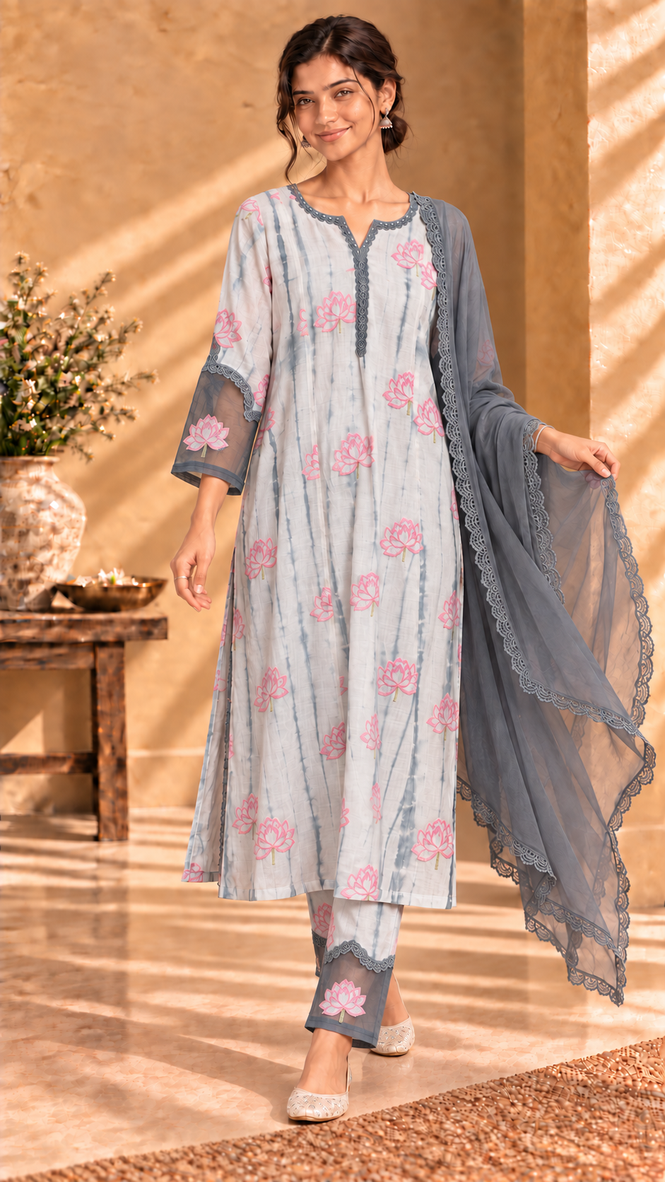 Neerja grey lotus Chanderi three-piece set - front view
