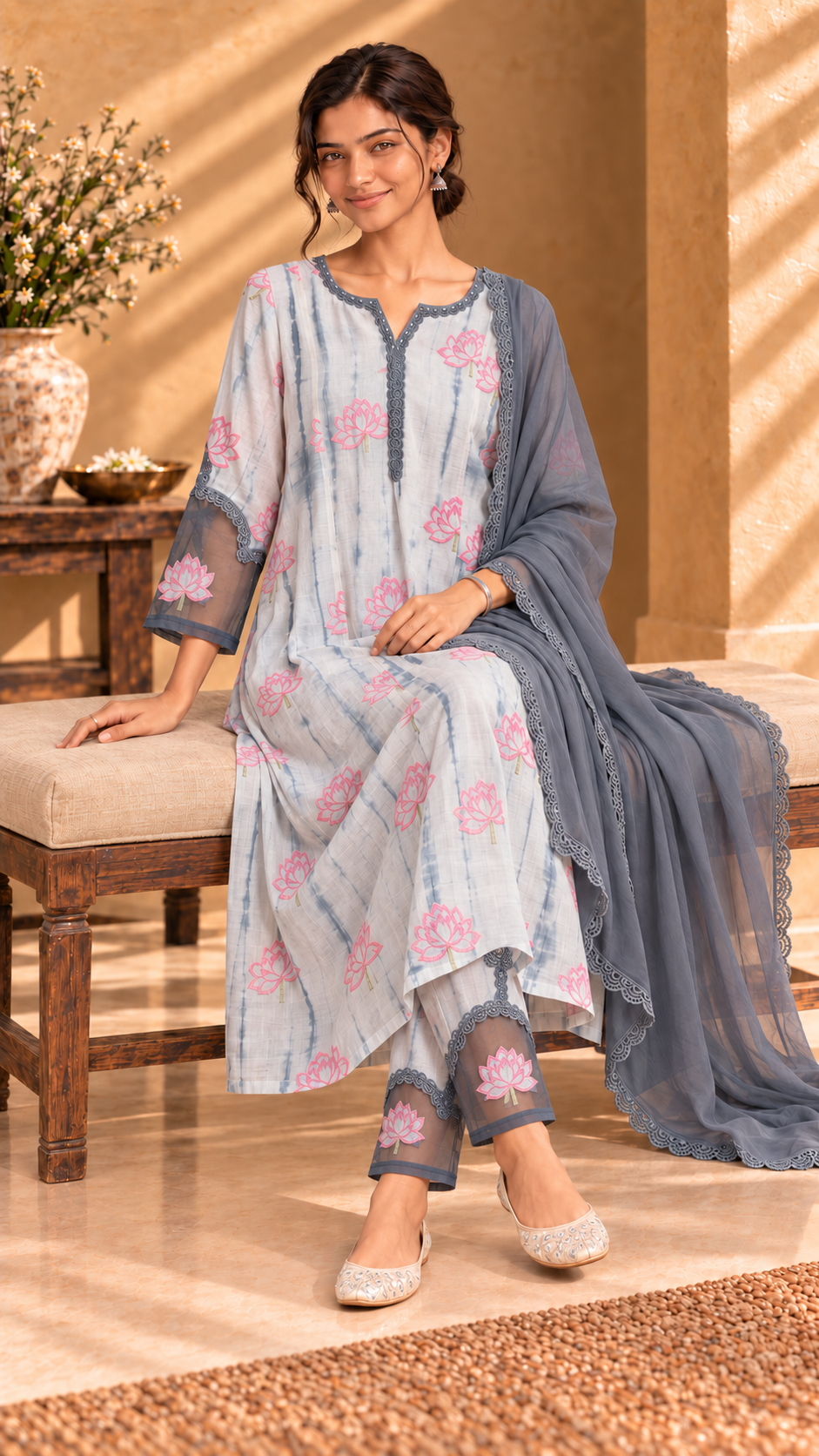 Neerja grey lotus Chanderi three-piece set - seated view