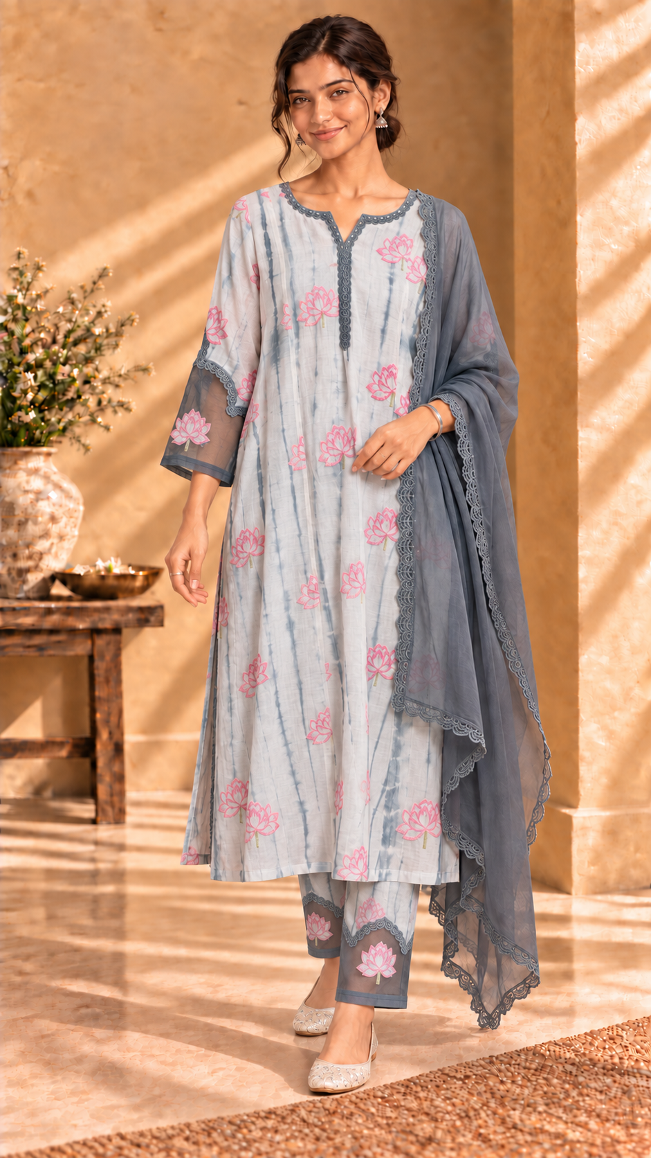 Neerja grey lotus Chanderi three-piece set - alternate standing view