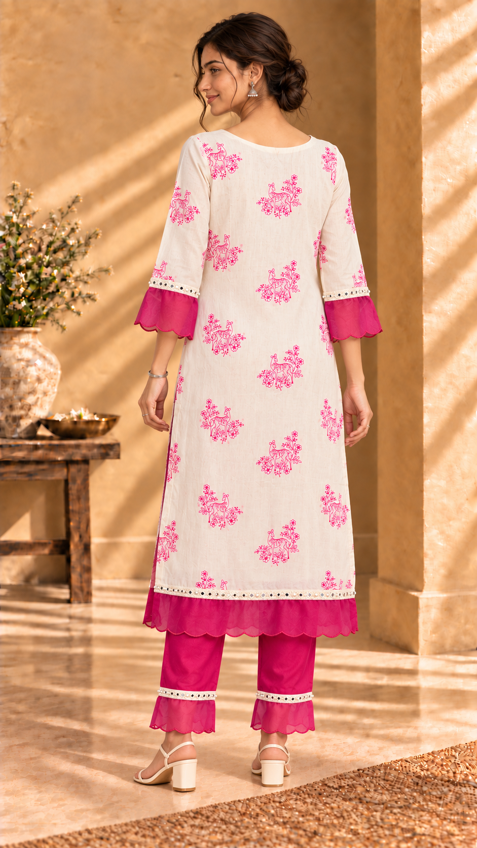 Nira ivory and pink cotton deer-print two-piece suit set - back view