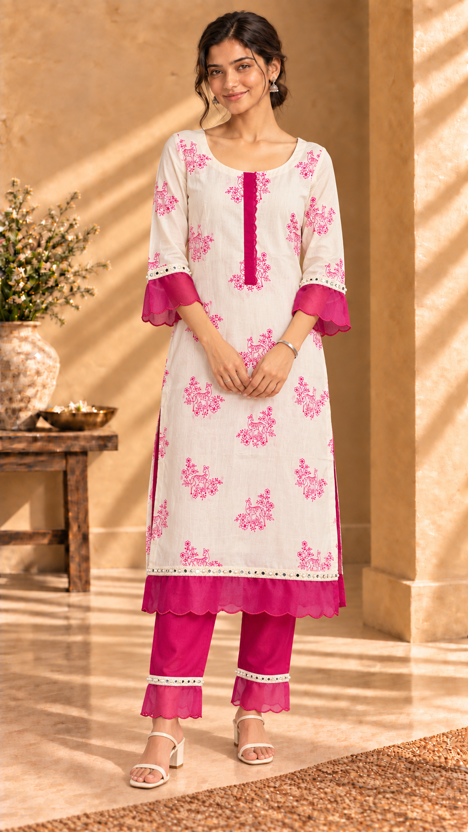 Nira ivory and pink cotton deer-print two-piece suit set - front view