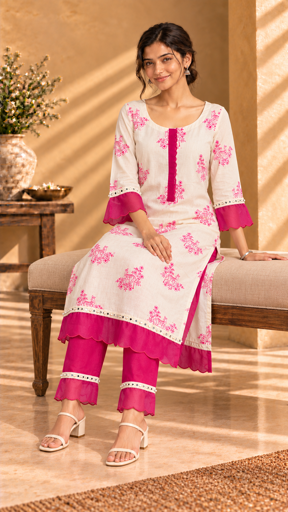 Nira ivory and pink cotton deer-print two-piece suit set - seated view