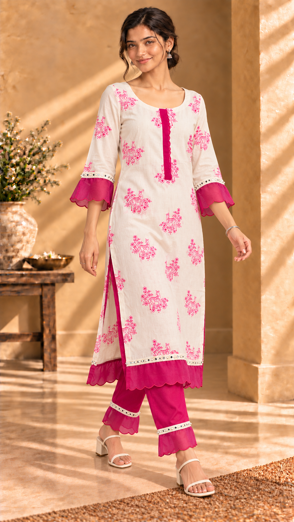 Nira ivory and pink cotton deer-print two-piece suit set - walking view